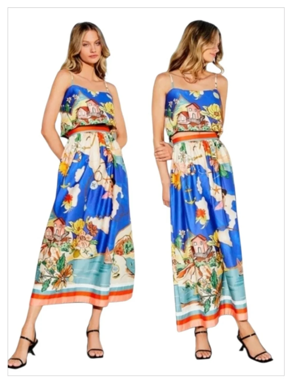 ANTONIO MELANI Evie Ocean Print Maxi A-Line Skirt Top Set sz 2 & 6 - Picture 4 of 15